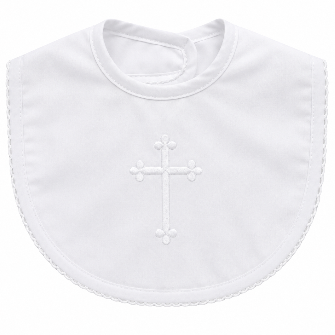 Picot Trim White Bib with Cross