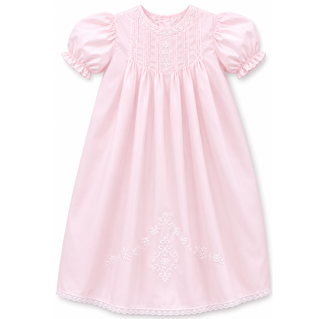 Pleated Day Gown with Hand Embroidery & Lace Detail