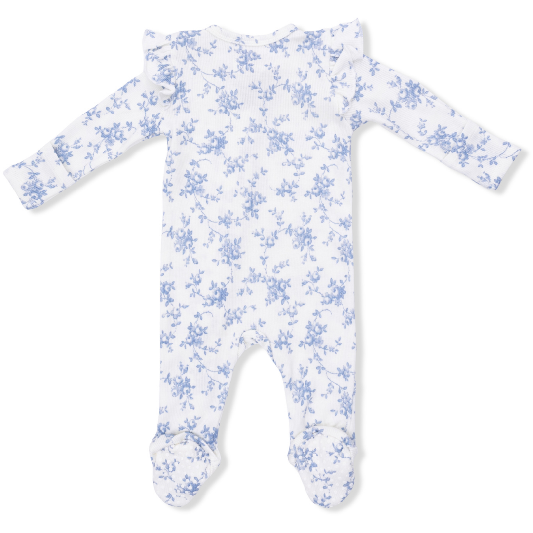 Baby Blue Vines Floral 2-Way Ruffle Sleeve Zipper Footie