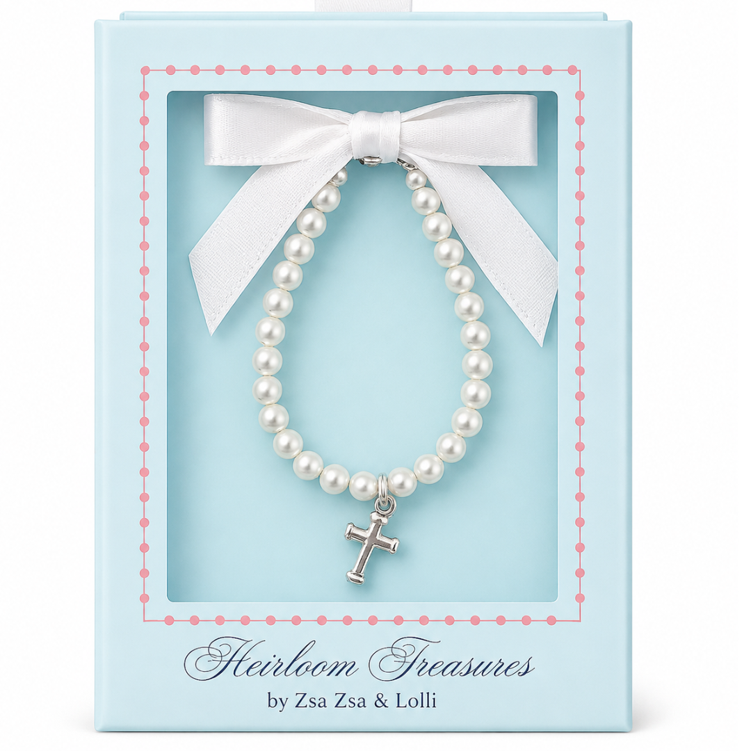 Crystal Pearl Bracelet w/ Ornate Cross