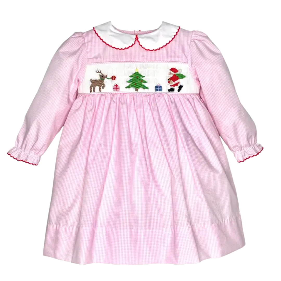 Santa & Reindeer L/S Smocked Gingham Dress