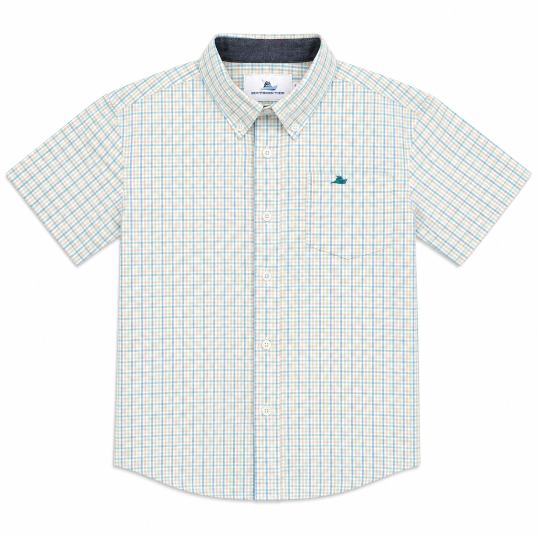 Boys Teal and Khaki Plaid Short Sleeve Button Down Shirt