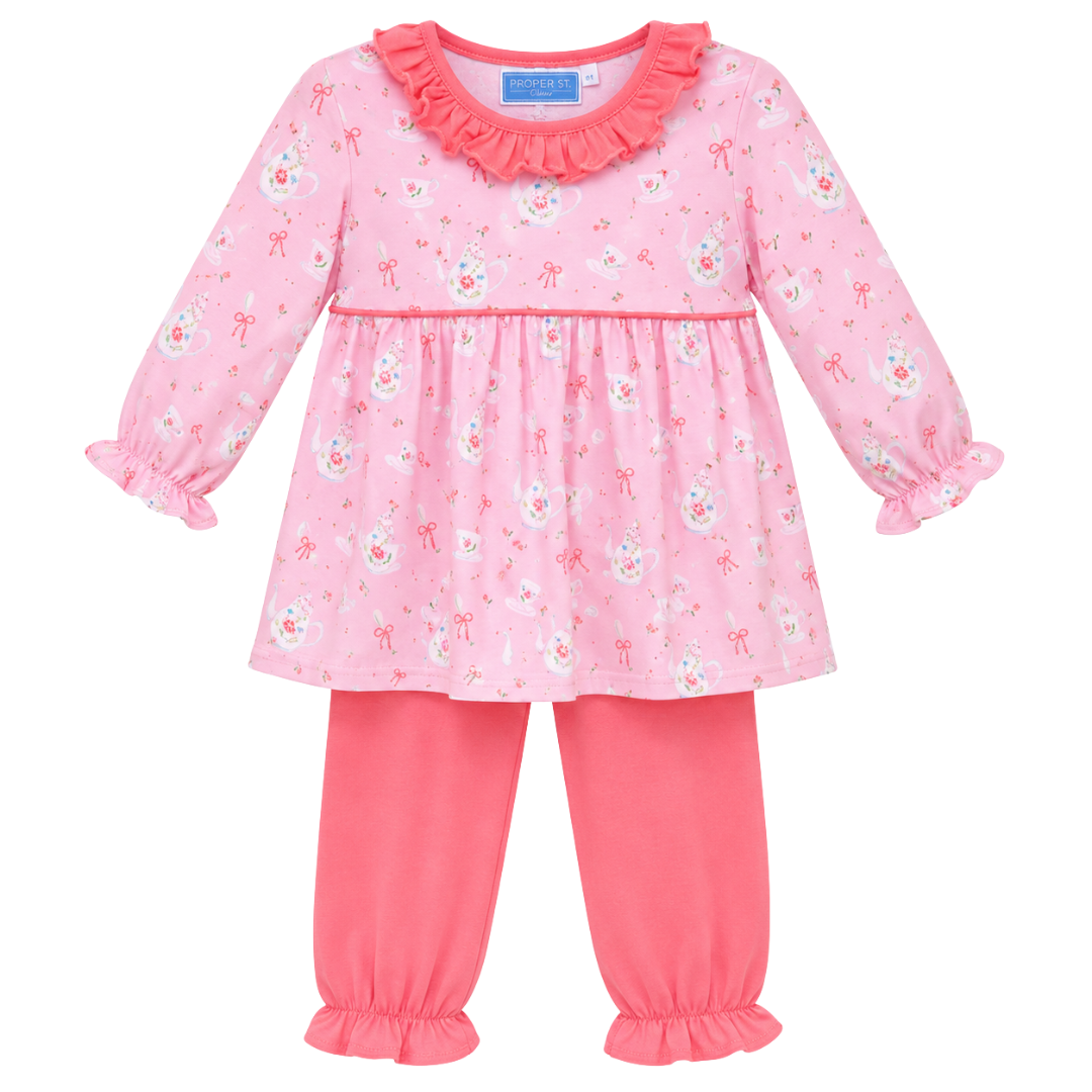 Tea For Two L/S Ruffle Pant Set