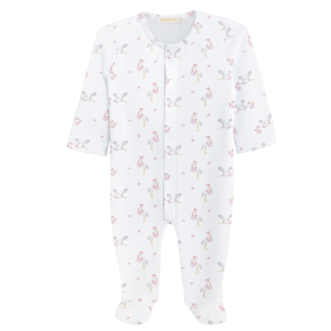 Tiny Storks Pink Printed Pima Cotton Footie