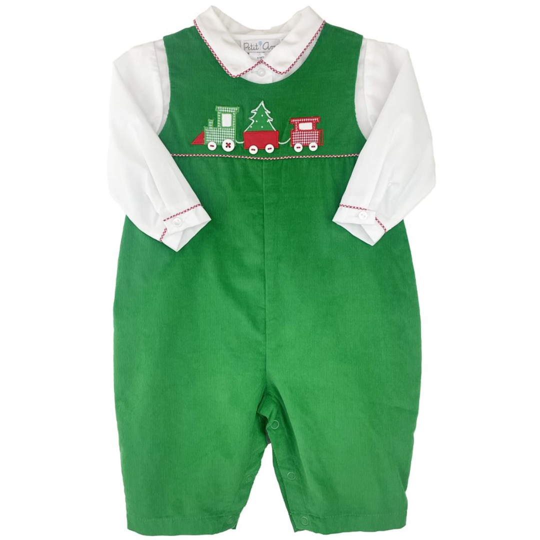 Green Corduroy Longall with Christmas Train Appliqué and White Shirt