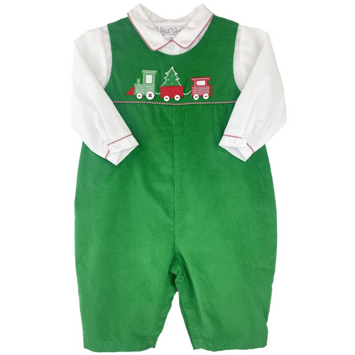 Green Corduroy Longall with Christmas Train Appliqué and White Shirt