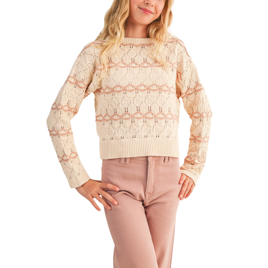 Tween Cream/Mauve Wavy Pointelle Sweater