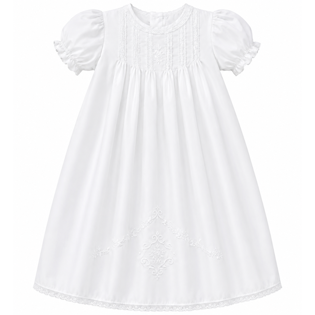 Pleated Day Gown with Hand Embroidery & Lace Detail