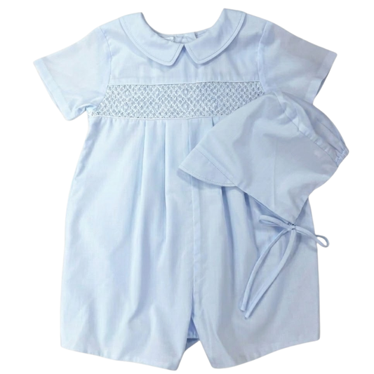 Light Blue Geometric Smocked Shortall