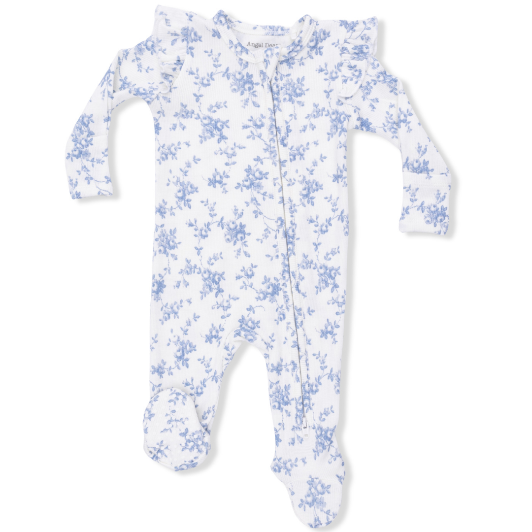 Baby Blue Vines Floral 2-Way Ruffle Sleeve Zipper Footie