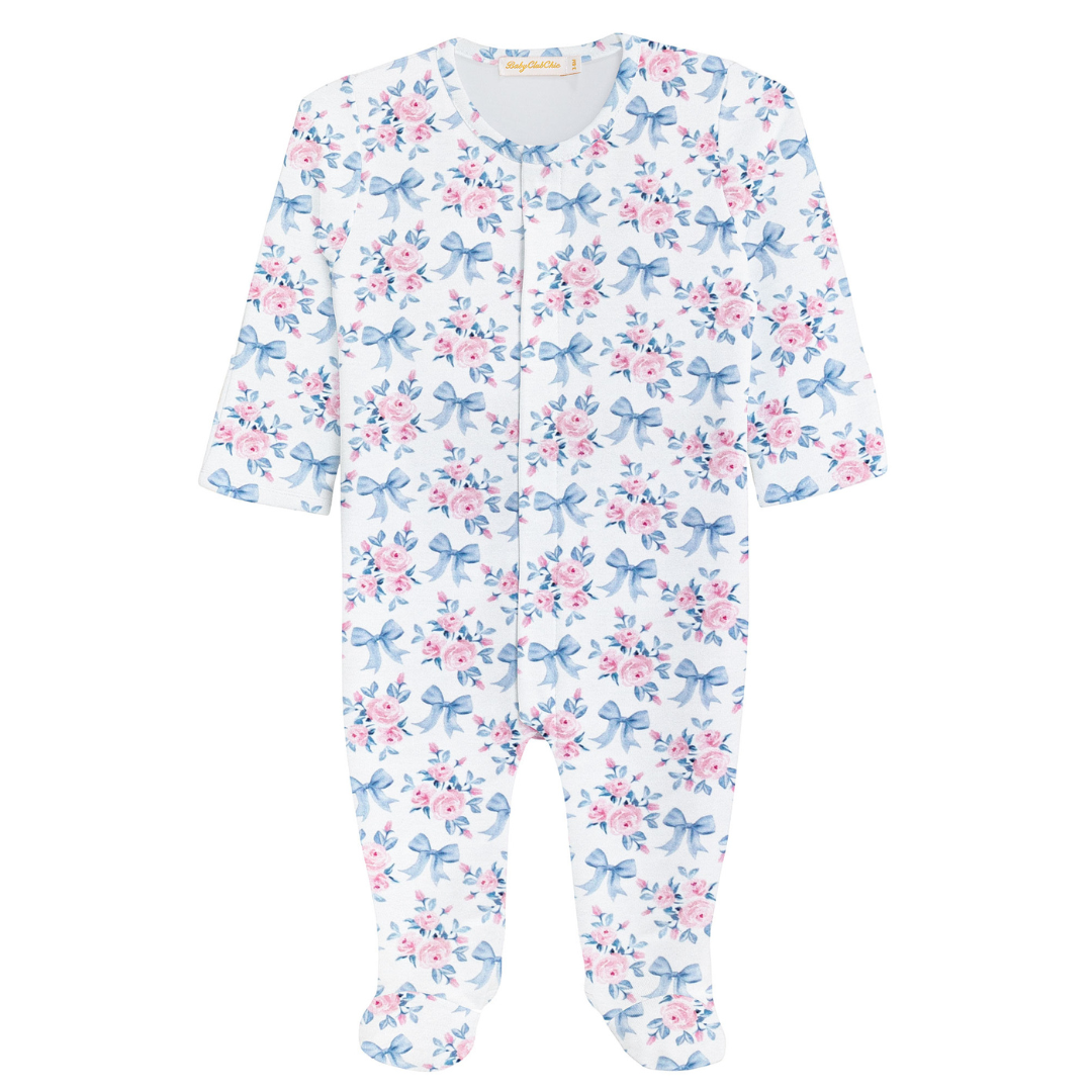 Blue Floral Bows Printed Pima Footie