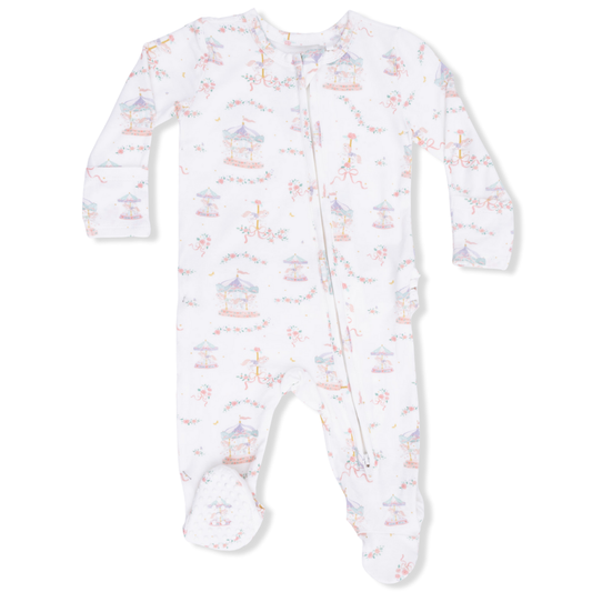 Carousel with Bows-2 Way Ruffle Back Bamboo Zipper Footie