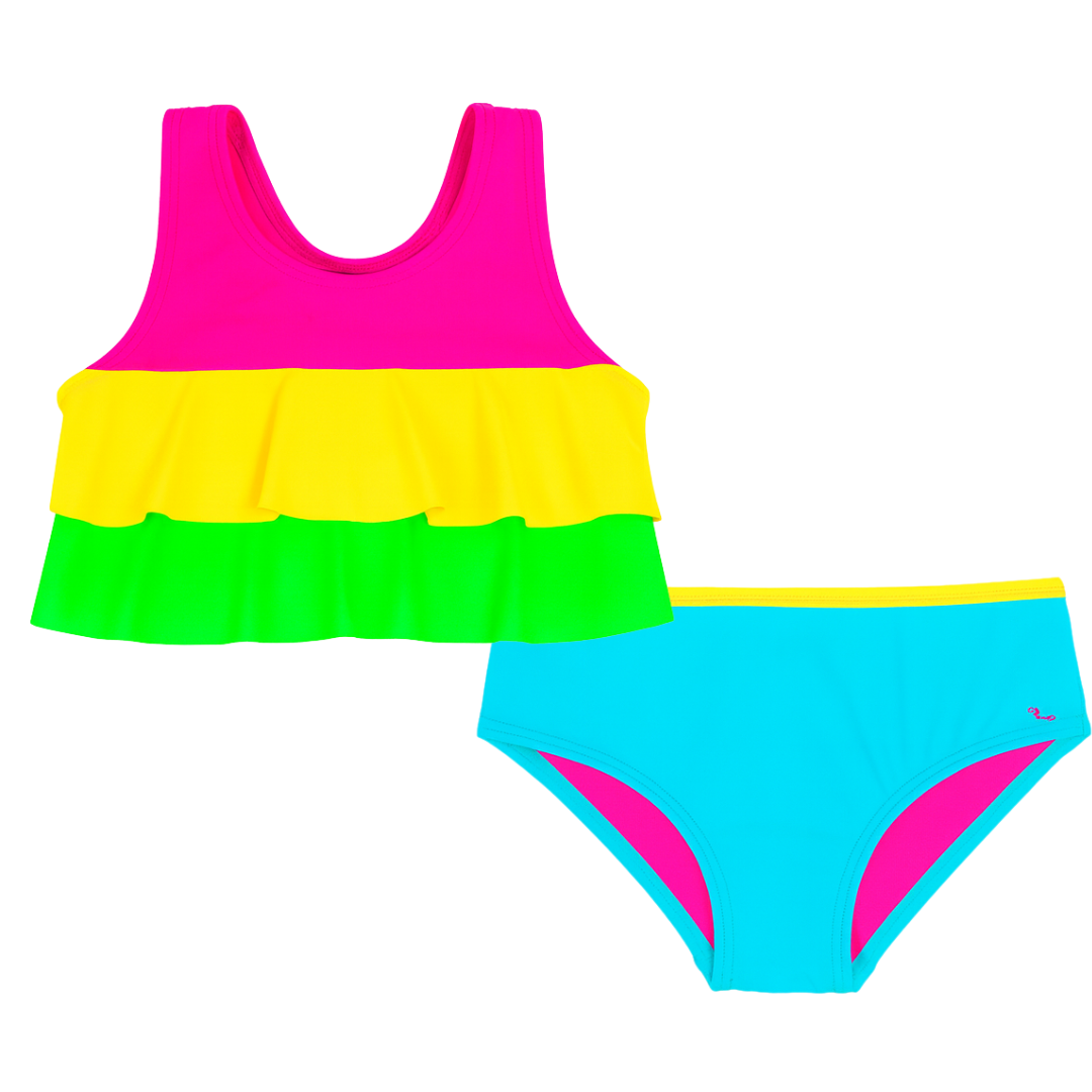 Neon Color Block Bikini with Ruffles