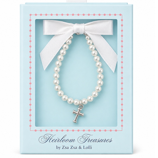 Crystal Pearl Bracelet w/ Ornate Cross