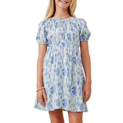 Blue Watercolor Floral Puff Sleeve Dress