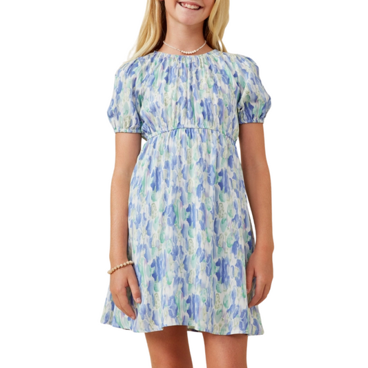 Blue Watercolor Floral Puff Sleeve Dress