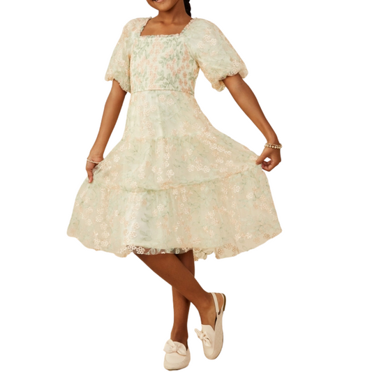Smocked Floral Mesh Laced Dress