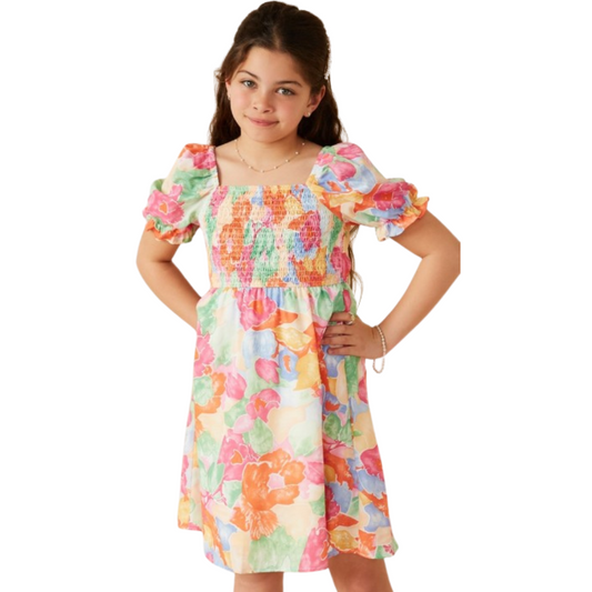 Bold Floral Smocked Square Neck Dress