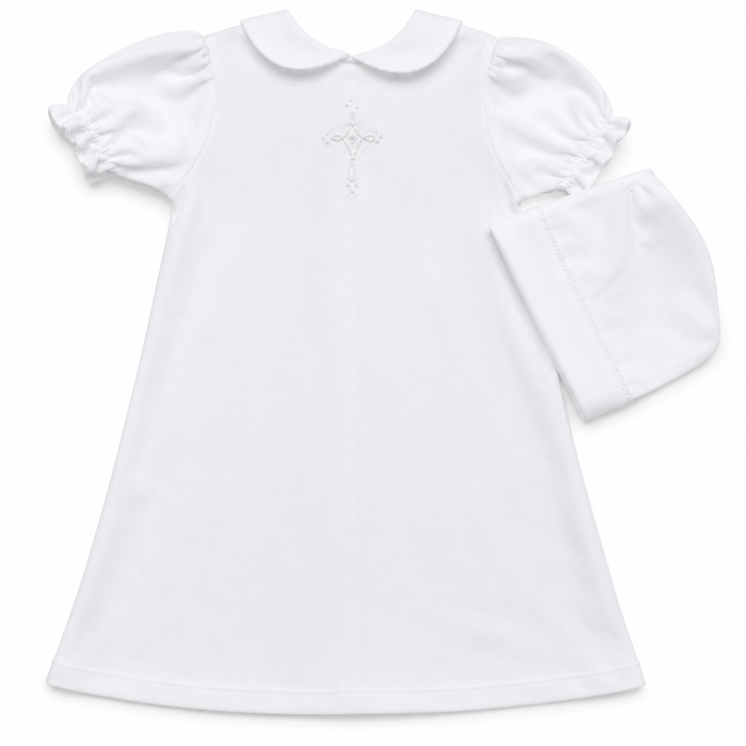 Knit White Daygown with Cross & Bonnet