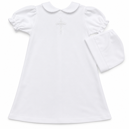 Knit White Daygown with Cross & Bonnet