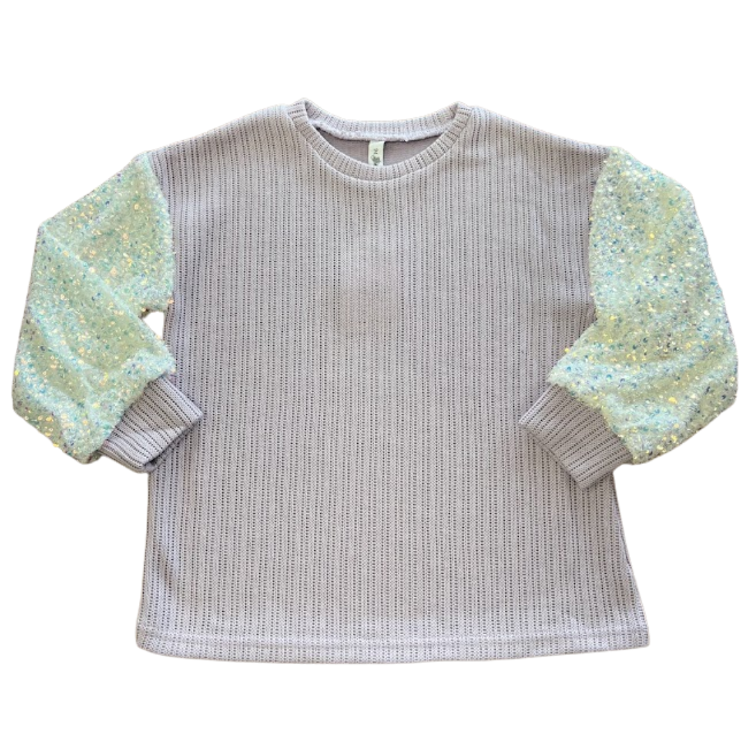 Lavender Chunky Knit Sweater with Sequin Puff Sleeves