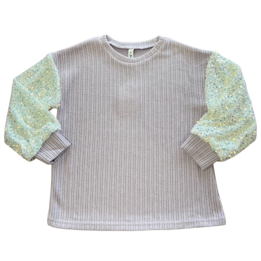 Lavender Chunky Knit Sweater with Sequin Puff Sleeves