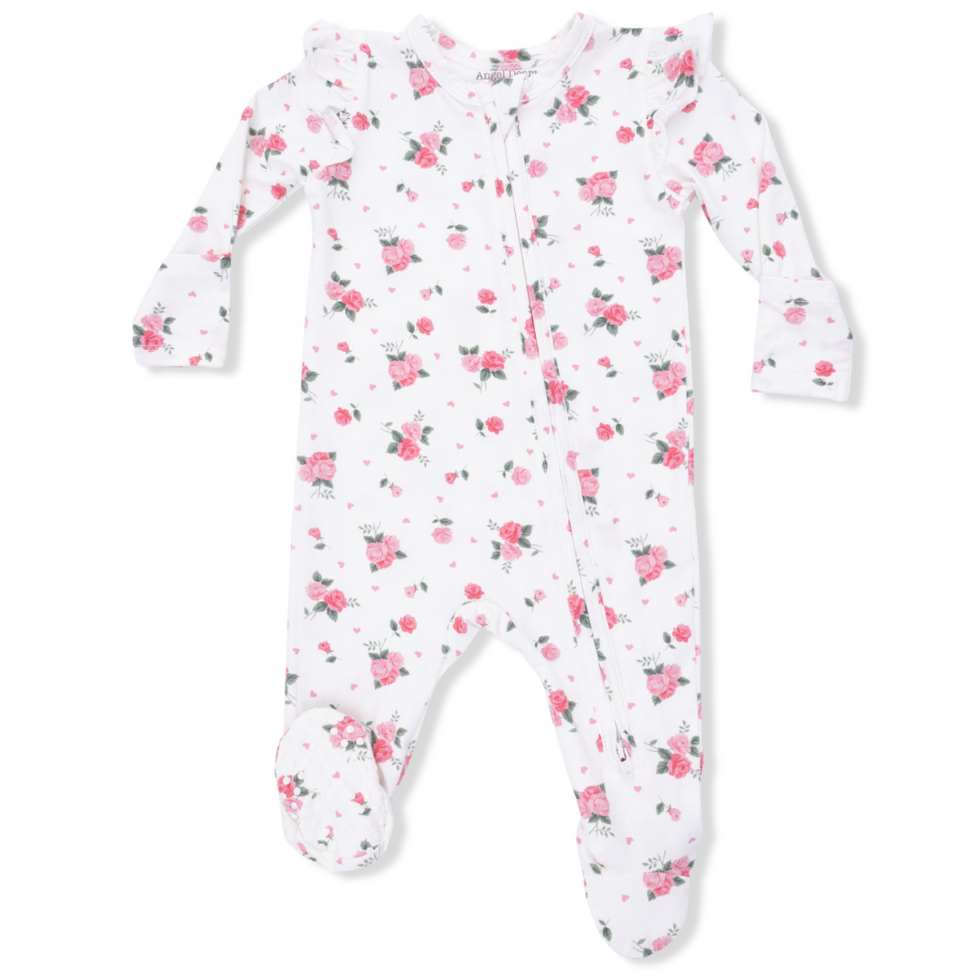 Pink Rosettes 2-Way Ruffle Sleeve Zipper Footie