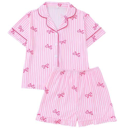 Pink Stripe Bow Print Pajama Set