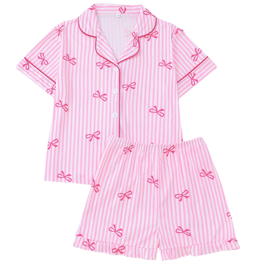 Pink Stripe Bow Print Pajama Set