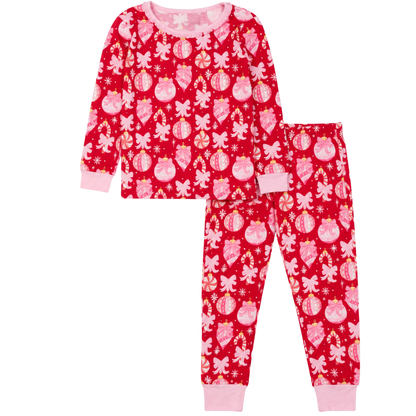 Red Holiday Ornament Bows L/S Ruffle Pajama Set