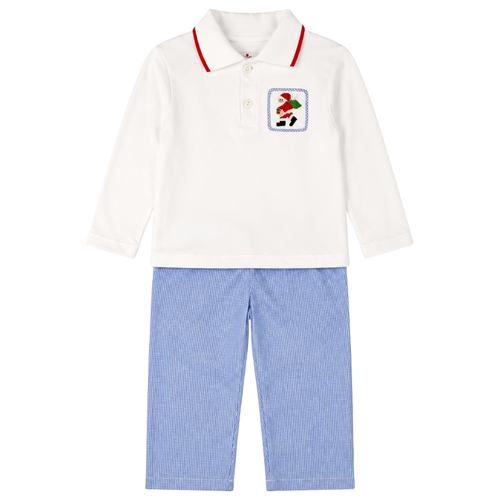 Santa Smocked Polo & Blue Gingham Pant Set