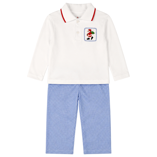 Santa Smocked Polo & Blue Gingham Pant Set