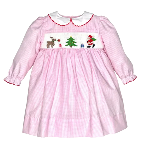 Santa & Reindeer L/S Smocked Gingham Dress