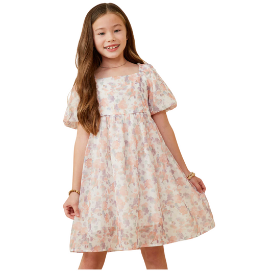 Girls Watercolor Print Smocked Back Trumpet Sleeve Dress