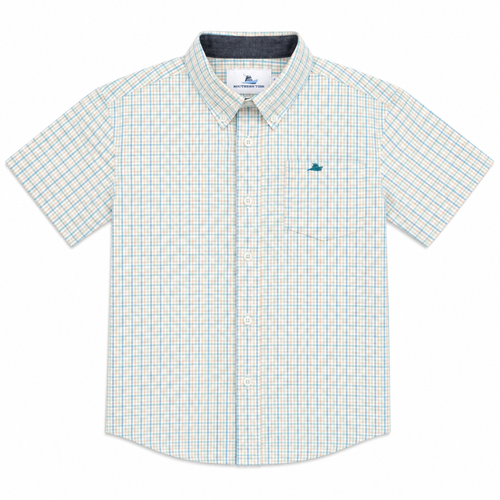 Boys Teal and Khaki Plaid Short Sleeve Button Down Shirt