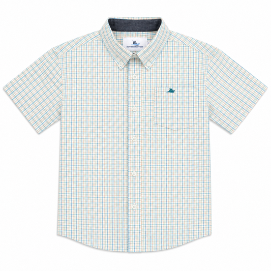 Boys Teal and Khaki Plaid Short Sleeve Button Down Shirt