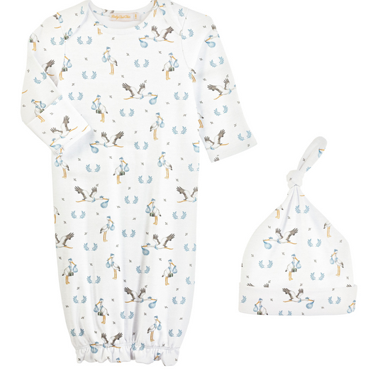 Welcome Baby Blue Printed Pima Gown and Hat Set