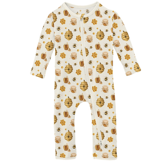 Natural Bees and Honey Print Coverall with 2 Way Zipper